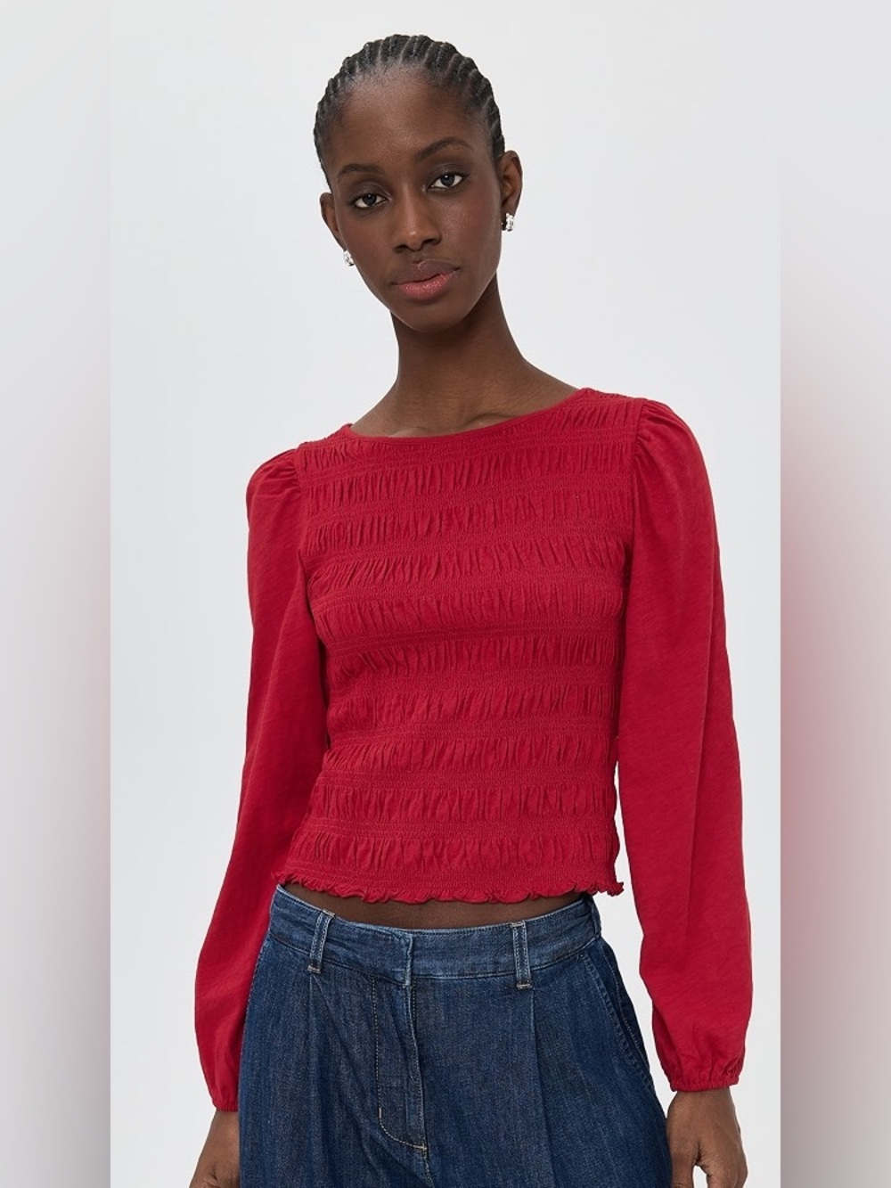 Madewell Red Smocked Long-Sleeve Top